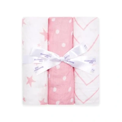 Imagen de Bloomsbury Mill Mantas de Muselina 100% Algodón Orgánico Puro Estampado Estrellas, Espiga y Lunares Rosa Blanco 120 cm x Juego 3