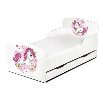 Imagen de leomark Blanco Cama Infantil Completa de Madera Lovely Unicorn Colchón y Cajón, Somier, Muebles para Niños, Espacio Dormir: 140/70 Impresión UV