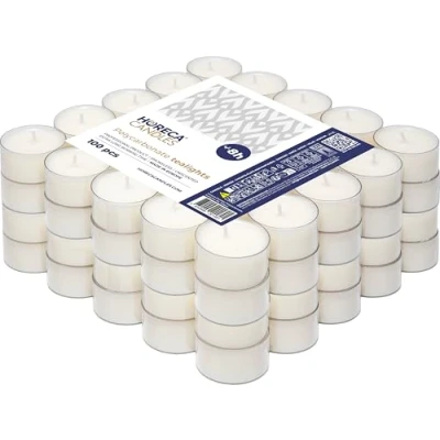 Imagen de Horeca Candles 100 velas de té blancas Duración 8 horas Inodoras, sin perfume Juego Vaso plástico transparente