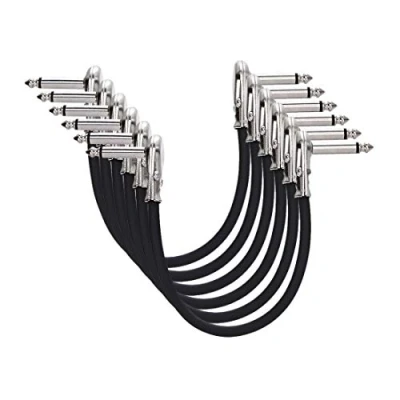 Imagen de Amazon Basics Auxiliar Cable de Parche Guitarra para Pedales Efectos, Micrófonos Mesas Mezclas, Amplificadores Conector Angular 6,35 mm, Bloquea Interferencias, Paquete 6, 15 cm, Negro