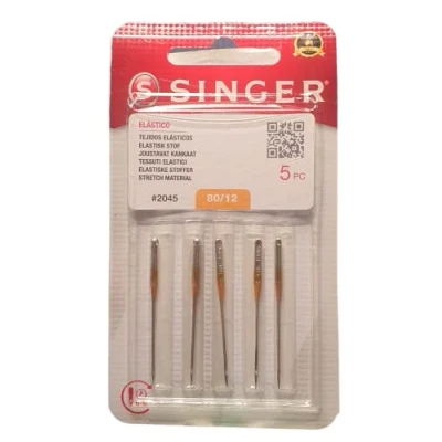 Imagen de Pack de 10 Agujas para Máquinas Coser Singer 2045 Grosor 80/12 Tejidos Elásticos y Punto (Stretch) 130/705 H S (Talón plano un lado) Universales
