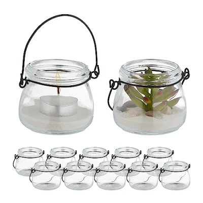 Imagen de Relaxdays Portavelas, Set 12, Cristal, con Asa, Interior y Exterior, Porta Velas Té, 6,5 x 7,5 cm, Transparente/Negro, Hierro