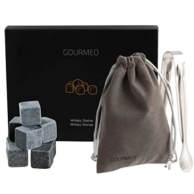 Imagen de GOURMEO piedras para whisky (9 unidades) de basalto natural, cubitos hielo reutilizables, whisky, enfriar