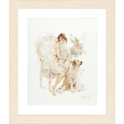Imagen de Lanarte Zählmusterpackung Mädchen mit Hund Kit de Punto Cruz contado: niña en Silla con Perro (Lino), Algodón, Blanc, 39 x 49cm
