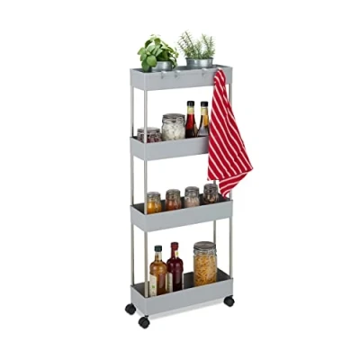 Imagen de Relaxdays Estantería con Ruedas, Plástico, 98 x 15,5 40,5 cm, Carrito Estrecho para Baño y Cocina, 4 Ganchos, Gris, Acero Inoxidable