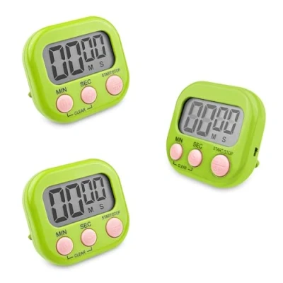 Imagen de Fousenuk 3 Piezas Temporizador Cocina Digital Verde, Cronometro con Pantalla LCD Grande, Timer Alarma Fuerte, Reloj Respaldo Magnético para Estudiar Trabajar