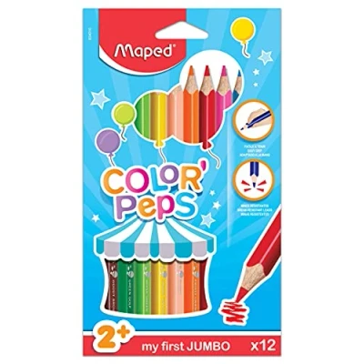 Imagen de Maped Pinturas de Madera Lápices Colores Jumbo 12 con Presentación en Caja Cartón Mina Blanda y Resistente Empuñadura Gruesa para Mejor