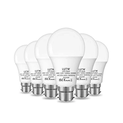 Imagen de LUTW bombillas LED B22 de bayoneta, equivalente a 100 W, blanco cálido 3000 K, 12 W 1200 lm, BC GLS, ahorro energía, no regulables, paquete 6