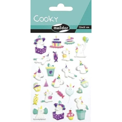 Imagen de Clairefontaine ES Maildor CY120C Bolsa de pegatinas 3D Cooky 1 tabla 7,5 x 12 cm, unicornios cumpleaños (24 pegatinas)