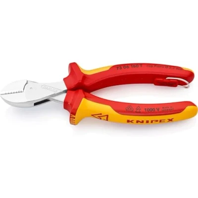Imagen de Knipex X Cut® Alicate de corte diagonal compacto cromado, homologado por VDE; integrada para colocar una protección anticaída 160 mm (cartulina autoservicio/blíster) 73 06 T BK