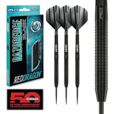 Imagen de RED DRAGON Dardos de tungsteno Razor Edge Black 24g con Plumas y vástagos