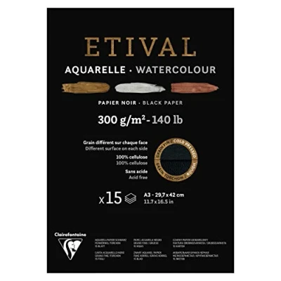 Imagen de Clairefontaine 975319C Bloque encolado 1 lado papel de acuarela Etival 15 hojas negras 29, 7 x 42 cm, 300 g, doble grano (doble fino y reverso, torchón)