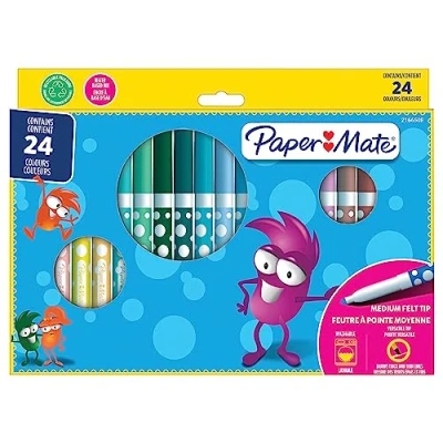 Imagen de Paper Mate Rotuladores infantiles con punta de fieltro, tinta lavable, colores surtidos, 24 piezas fieltro