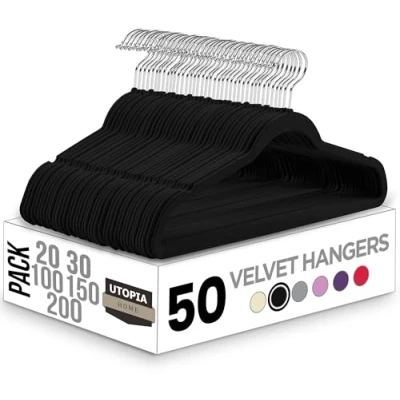 Imagen de Utopia Home Premium Velvet Hangers 50 Pack Perchas Antideslizantes y Duraderas Negras con Gancho Giratorio 360 Grados Resistentes