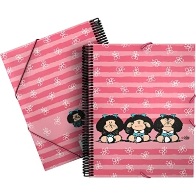Imagen de Grafoplás 39822457. Carpeta con 30 Fundas Transparentes, A4, Espiral, Tapas Polipropileno, Cierre Gomas, Incluye Sobre Transparente, Colección Mafalda Sabiduría