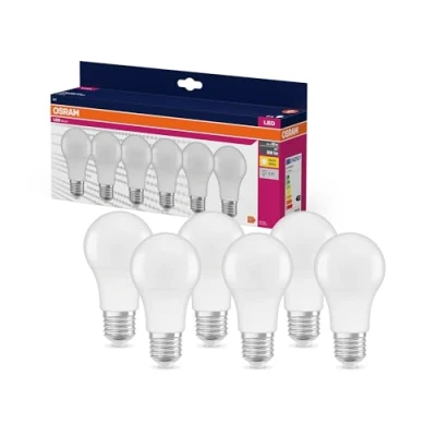 Imagen de OSRAM LED Star VALUE A60, paquete de 6 bombillas, reemplaza bombillas incandescentes tradicionales 60W, blanco cálido (2700K), 8W, casquillo E27, mate, no regulable