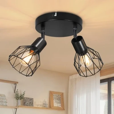 Imagen de Dehobo Lampara Techo con 2 Focos Base E14 Retro Lamparas de Salon Ajustables y Giratorios Negro Foco Industrial,para Interiores Dormitorio Cocina, Sin Bombillas