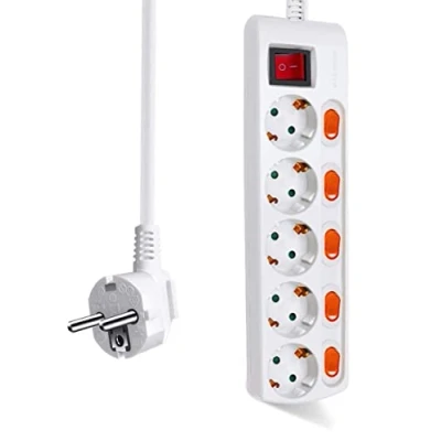 Imagen de EXTRASTAR Regleta con 5 Enchufes + Interruptor Individuales, 1 Principal, 3680W, 250V, 1.5M, Blanco, 1pcs