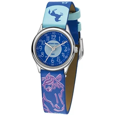 Imagen de JACQUES FAREL HCC 338 Reloj de pulsera para niños, diseño caballo, estrellas, analógico, cuarzo, metal, piel sintética, color azul, Correa