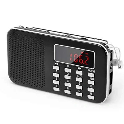 Imagen de PRUNUS J 908 AM/FM Radio Portatil Pequeña Recargable, Digital con Linterna LED, Reproductor de TF/USB/AUX /MP3, Bateria Recargable 1200 mAh (Negro)