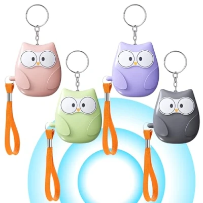 Imagen de 4 alarmas de bolsillo para mujeres: 130 dB autodefensa con iluminación LED y llavero, alarma personal mujeres, estilo búho niños, ancianos