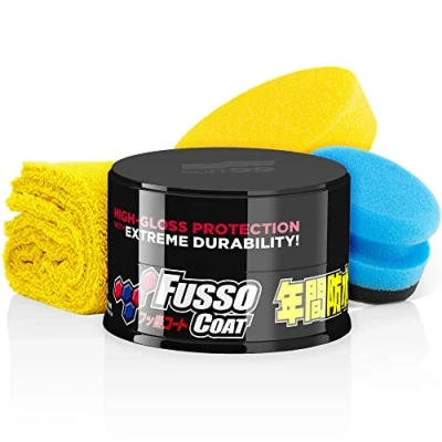 Imagen de detailmate Soft99 New Fusso Coat 12 Months Cera dura para coche 200 g, pinturas oscuras o negras, paño de microfibra pelo largo y 2 guantes protectores nitrilo