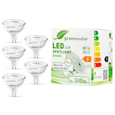Imagen de greenandco 5x Spot LED IRC 90+ regulable MR16 GU5.3, 6,5W 510lm 3000K (blanco cálido) 38 12V AC/DC
