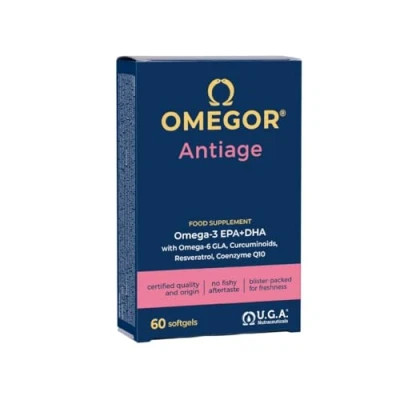 Imagen de Omegor Antiage Suplemento para la Piel Con Omega 3 y 6 (60 Cápsulas) ‒ Acción Antioxidante Contra los Signos Síntomas del Envejecimiento Resveratrol, Cúrcuma, Ácido Alfa Lipoico Coenzima Q10