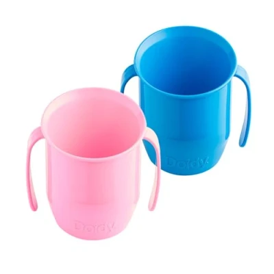 Imagen de Doidy Cup Free Flow vaso de entrenamiento para niños pequeños (sin válvula ni boquilla), a partir 3 meses, abierto con asas beber fácilmente, sin BPA, 200 ml, paquete 2, rosa y azul