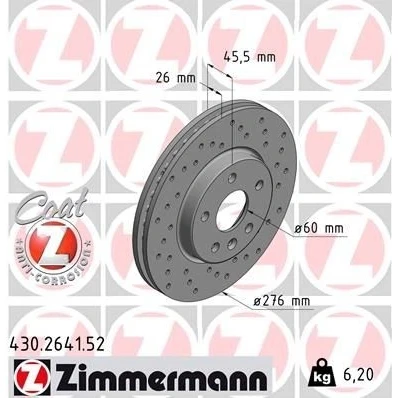 Imagen de ZIMMERMANN SPORT COAT Z 430.2641.52 Disco de freno 276 26 6/5 5 105 ventilación interna, perforado revestido altamente carbonizado