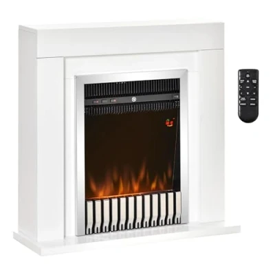 Imagen de HOMCOM Chimenea Eléctrica Potencia 1000/2000W con Llama Termostato Mando a Distancia Temporizador y Protección Sobrecalentamiento para 20 25 m² 79x26x77,5 cm Blanco