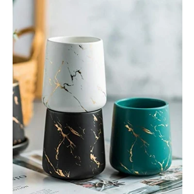 Imagen de Juego de accesorios baño mármol 4 piezas cerámica completo Set lujo con dispensador jabón, vaso, jabonera (negro mate (3 piezas)