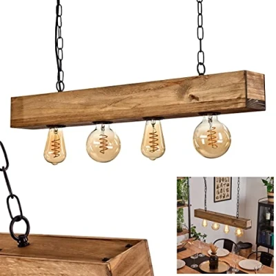 Imagen de lámpara colgante Berat, alargada de metal/madera en negro/marrón oscuro, luz moderna con haz madera, 4 x E27, sin bombilla(s)