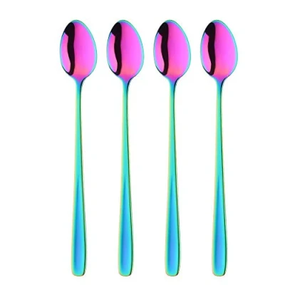 Imagen de Bisda 18/10 Acero Inoxidable Latté Cuchara Arco Iris Hielo Cucharilla, 4 Piezas Mango Largo para Chocolate Caliente Bebida Caliente, Lavavajillas Seguro