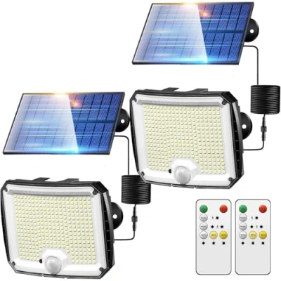 Imagen de PIKOY Luces solares para jardín al aire libre, 2 paquetes/318LED/10M/5 modos】Luces de seguridad con sensor movimiento jardín, valla, inundación, garaje