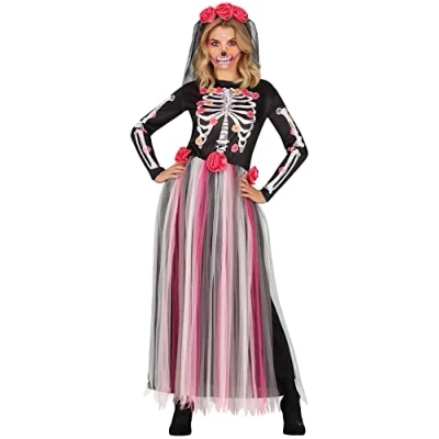 Imagen de FIESTAS GUIRCA Disfraz De Esqueleto Rosas Día Los Muertos Vestido Largo Con Velo Flores Halloween Mujer Talla 42 44 L
