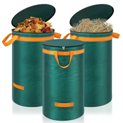 Imagen de Eurhomewit Bolsas de basura jardín, 3 x 120L para jardín con Asas y Tapa, Sacos Jardin Reutilizables Estables