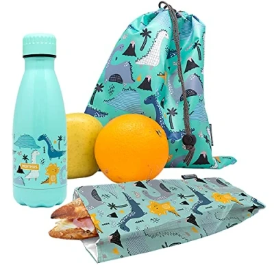 Imagen de NERTHUS FIH 1035 SET Botella Doble Pared Acero Inox + Bolsa Bocadillo Mochila Dinosaurios
