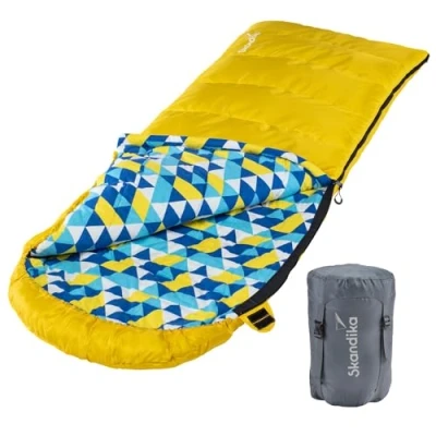 Imagen de Skandika Dundee Franela Saco de Dormir Doble, 3 Estaciones, plumón hasta 20C, 220 x 80 cm/ 160 cm para Camping al Aire Libre (Amarillo/Cremallera Izquierda)