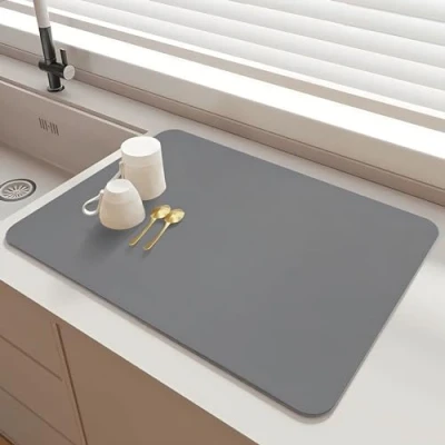 Imagen de SOQKEEN Alfombrilla Escurreplatos, 40 x 30 cm Fregadero Cocina Plegable, Cafetera, Alfombra Escurreplatos Antideslizante para Mostrador de Encimera Cocina, Gris claro