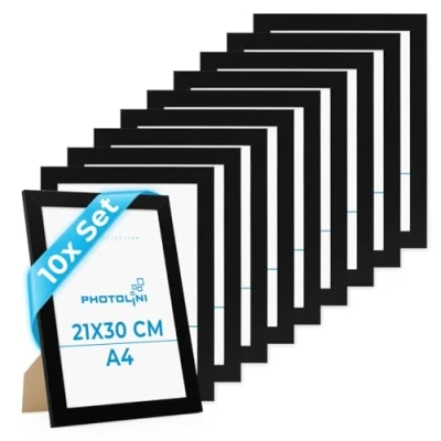 Imagen de PHOTOLINI Marco A4 21x30 cm negro madera MDF, set de 10 marcos anchos, moderno, cristal acrílico sólido, para colgar y poner pie, accesorios adicionales una decoración elegante su pared