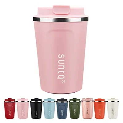 Imagen de SUNTQ Taza de café Reutilizable Viaje Acero Inoxidable con Tapa a Prueba Fugas Aislamiento al vacío Doble Pared Tazas ecológicas para Bebidas frías y Calientes, 380ml Rosa