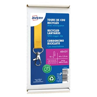Imagen de AVERY Caja de 10 cintas cuello recicladas amarillas con mosquetón. 44 cm largo x 1,5 ancho. (4842Y)
