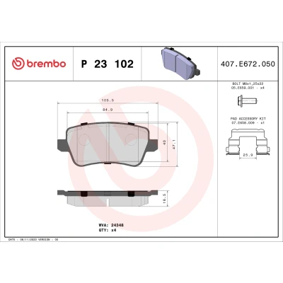 Imagen de BREMBO P 23 102 Juego de pastillas freno excl. contacto avisador desgaste con tornillos pinza sin accesorios FIAT: Croma II Familiar