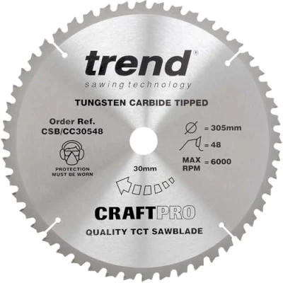 Imagen de Trend CraftPro Hoja de sierra circular TCT corte transversal con gancho negativo, 165 mm diámetro x 48 dientes 20 interior, punta carburo tungsteno, CSB/CC30548