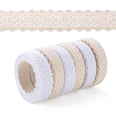 Imagen de 6 rollos de cinta encaje beige y blanco, autoadhesiva vintage, decorativa encaje,