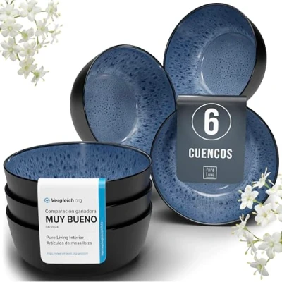 Imagen de Juego de 6 Cuencos para Muesli Ibiza en Gres Vajilla Completa Moderna Personas con Platos Pequeños Aptos Lavavajillas y Microondas Pure Living Negro Azul Profundo