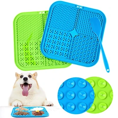 Imagen de Romon Alfombrilla para Lamer Perros, 2PCS 20x20cm Lick Mat Perros y 1 Espátula de Silicona, Comedero Lento con Ventosa Sin BPA Bañarse, Arreglarse Entrenar (Azul + Verde)