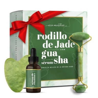 Imagen de Gua Sha Facial y Rodillo de Jade Auténtico + Sérum Vitamina C Kit Masaje Completo Para Rutina Belleza, Efecto Revitalizante, Antiarrugas Lifting una Piel más Joven