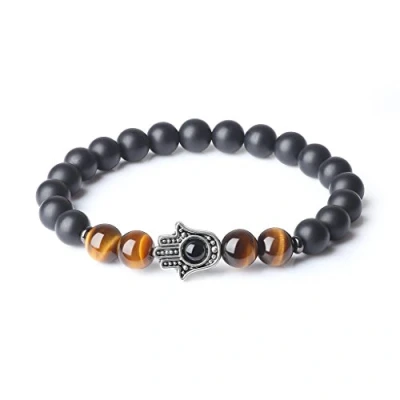 Imagen de COAI Pulsera con Cuentas de Ojo Tigre y Ónice Piedras Naturales Amuleo Mano Fátima S